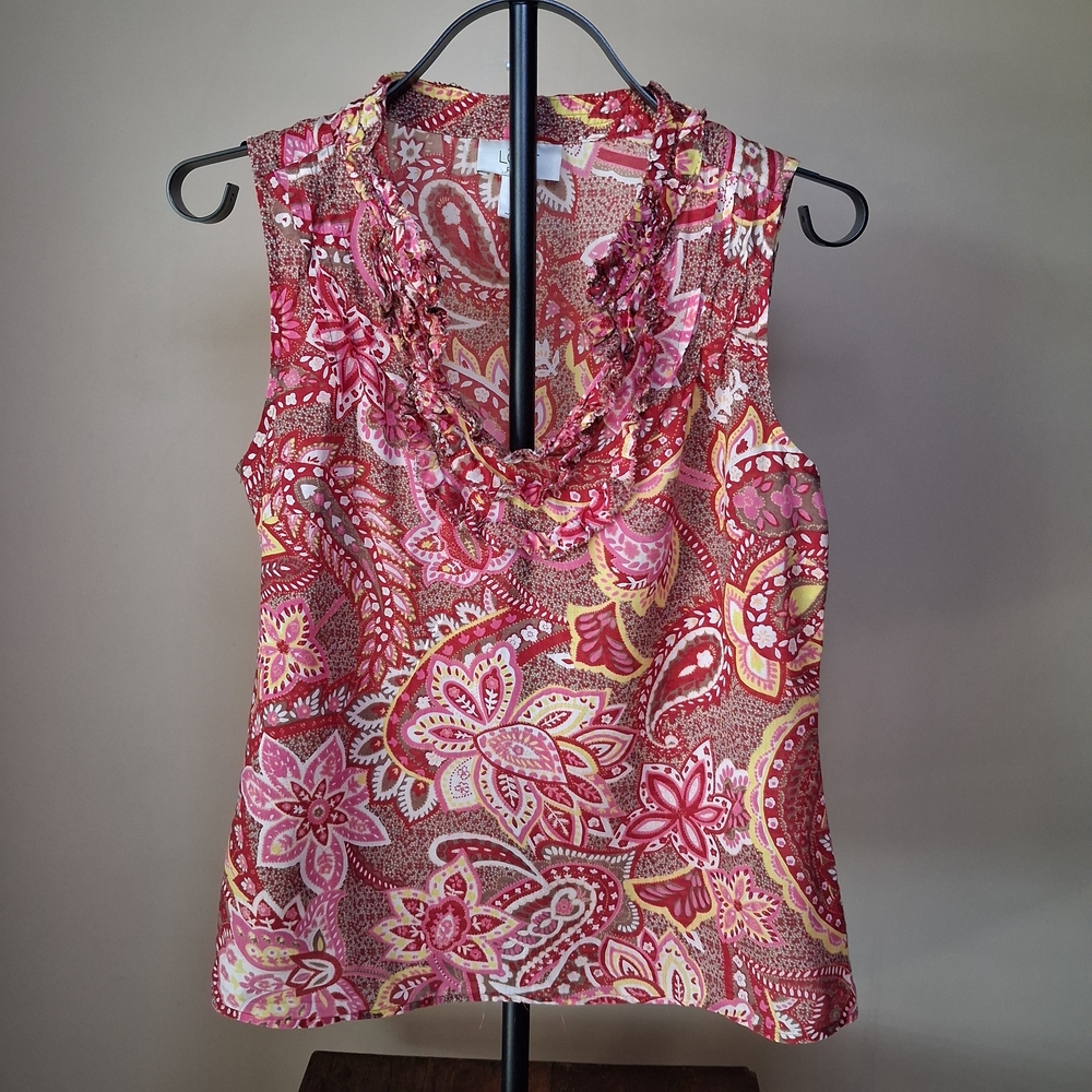 Loft Women's Floral Paisley Red, Pink, Yellow Sleevless Top; Ruffle Neck; Sz. MP